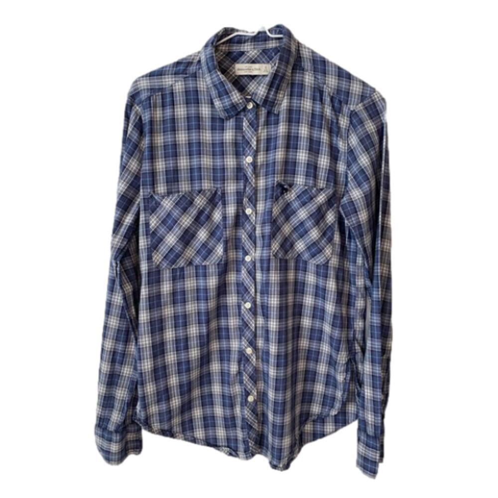 Abercrombie & Fitch Women's S‎ Boyfriend Button Up Flannel Blue Plaid Shirt Fall